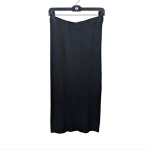 House of Harlow 1960 Black Ribbed Bodycon Midi Skirt with Side Slit Women Medium